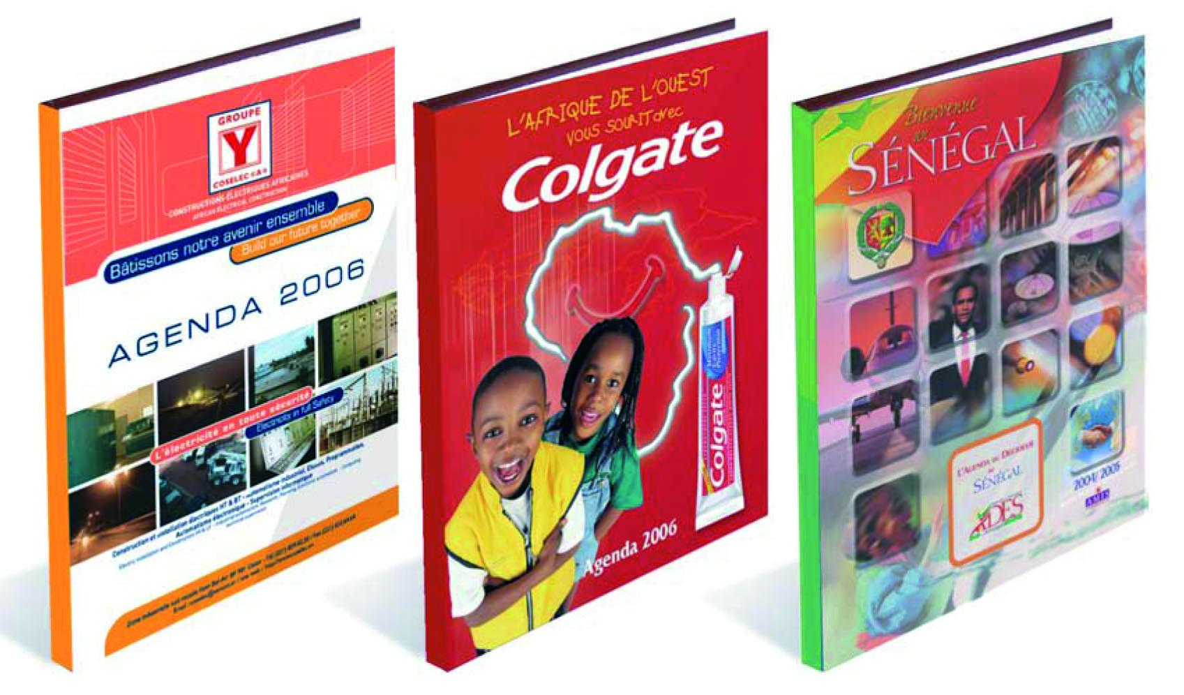 Trois agendas quadrichromie : Groupe Y Coselec, Colgate, Agenda du décideur au Sénégal