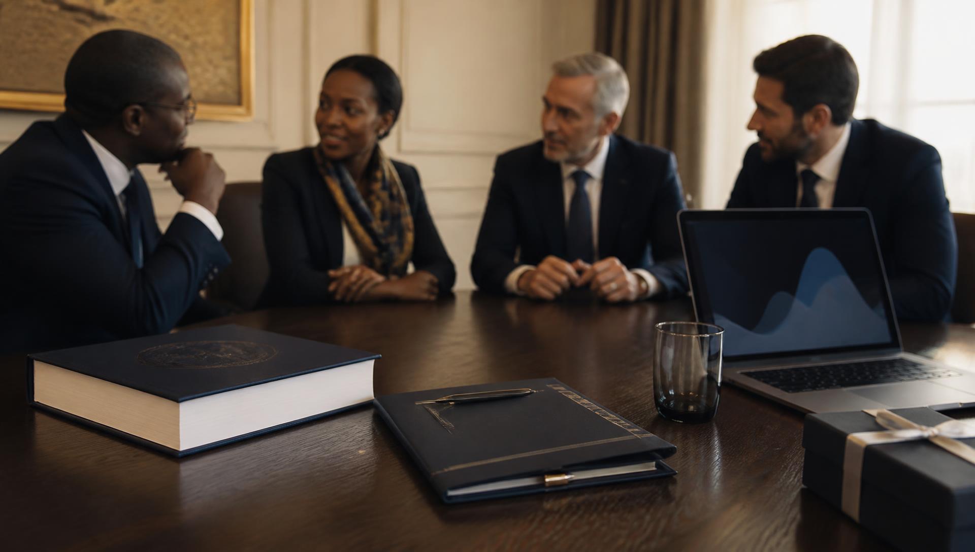 Dirigeants africains et européens en réunion, avec un ouvrage institutionnel, un agenda, un écran professionnel et un coffret cadeau